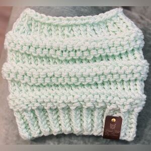 Handmade Hand Crafted Knit Messy Bun Hat adult/teen size sparkly mint green